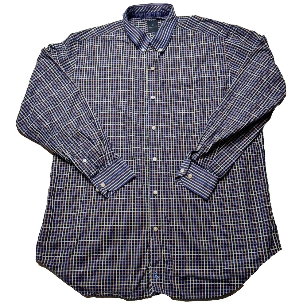 TAILORBYRD Men Size 2XL Blue Multi Plaid 100% Cotton Long Sleeve Button-Up Shirt